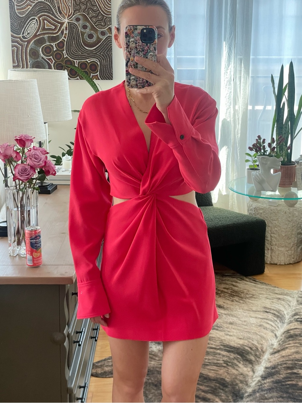 A.L.C. Twist-Front Cutout Mini Dress in Bright Pink